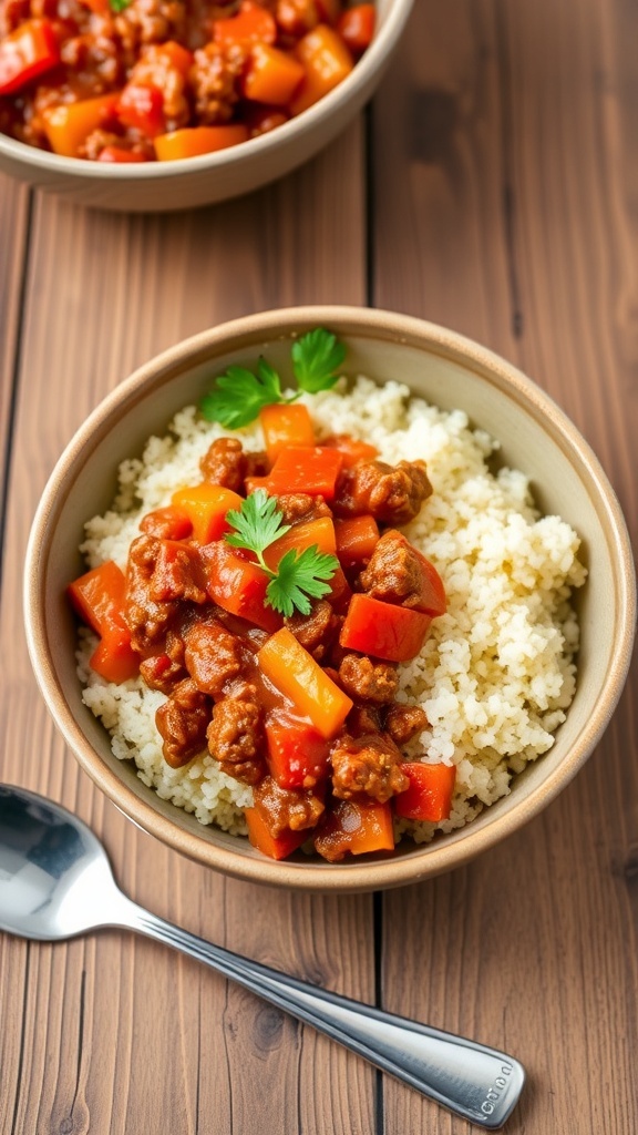 Sloppy Joe Quinoa Bowl Recipe A colorful Sloppy Joe Quinoa Bowl with ground beef, bell peppers, and quinoa, garnished with parsley on a wooden table.